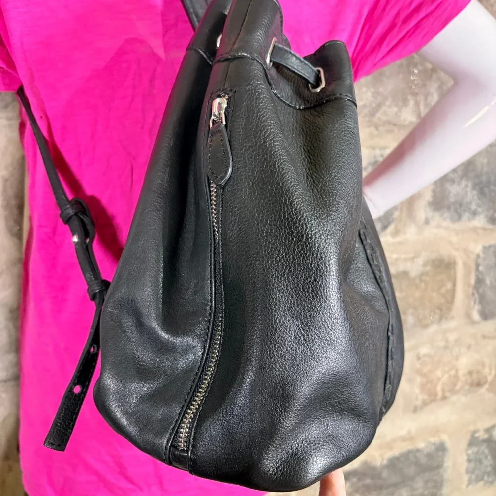 Kelsi Dagger Brooklyn Black‎ Leather Drawstring Backpack Bag Woven Detail
